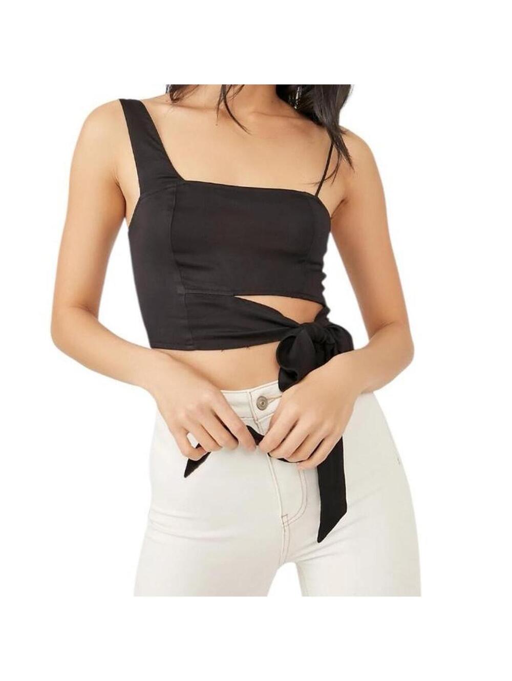 Free People Black Tie Front Crop Top